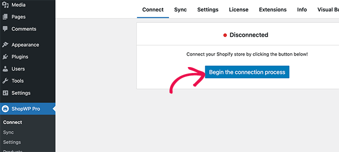 Start Shopify connection wizard