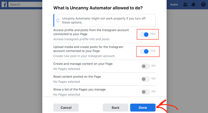 Instagram's permission settings