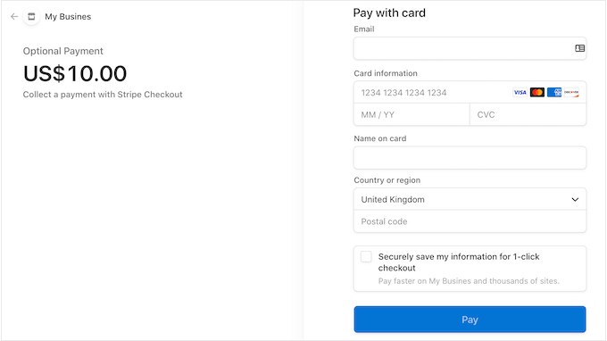 A simple payment form, created using WP Simple Pay