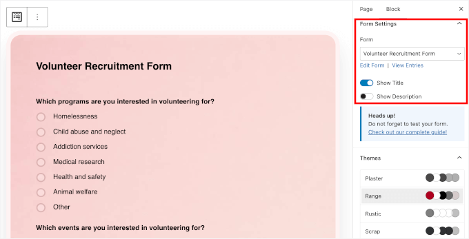 Customizing the form settings in block editor Customizing the form settings in block editor