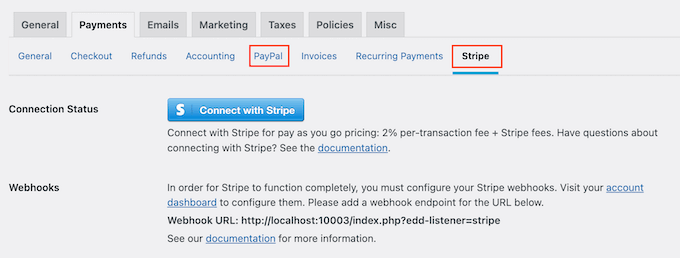 Configuring the Stripe payment gateway for Easy Digital Downloads