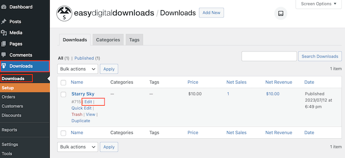 Editing a digital product in WordPress