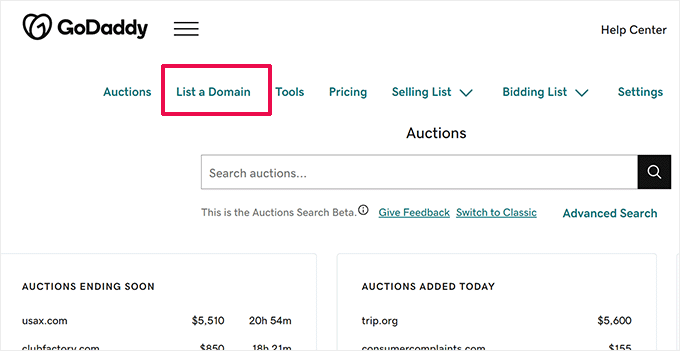 GoDaddy domain auctions