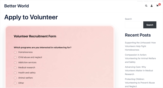 Volunteer application form on a live WordPress site Volunteer application form on a live WordPress site