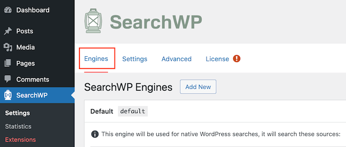 The SearchWP Engines tab