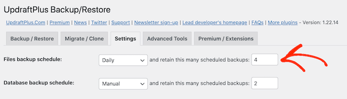 UpdraftPlus' WordPress backup settings