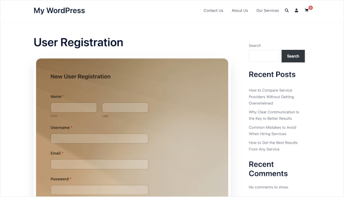 WPForms'un kullanıcı kayıt formu canlı sitede WPForms kullanıcı kayıt formu canlı sitede
