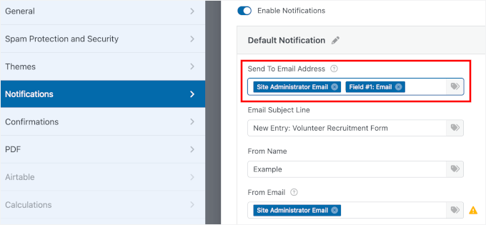 Setting up notifications for a volunteer application form Setting up notifications for a volunteer application form