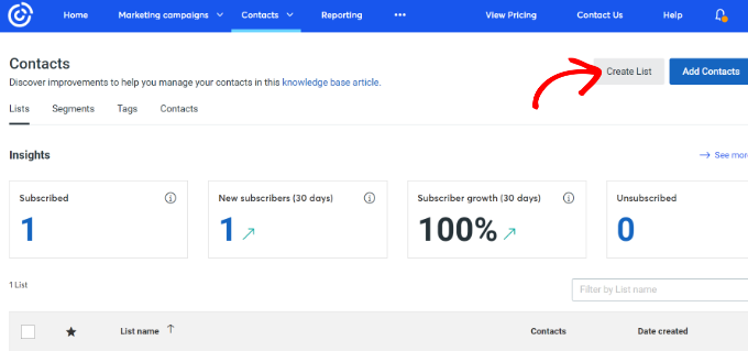 Create a list in constant contact