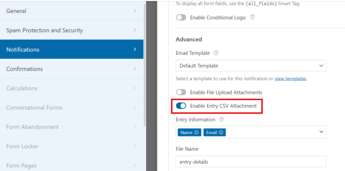 Enable entry csv attachment