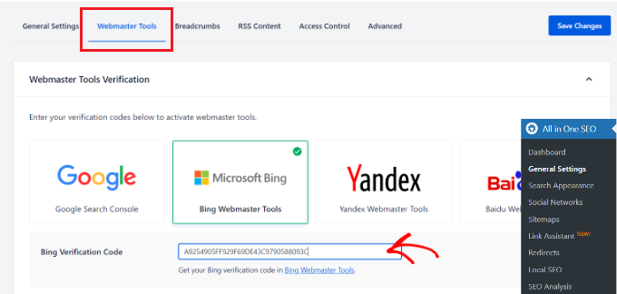 کد تأیید Bing را در AIOSEO وارد کنید