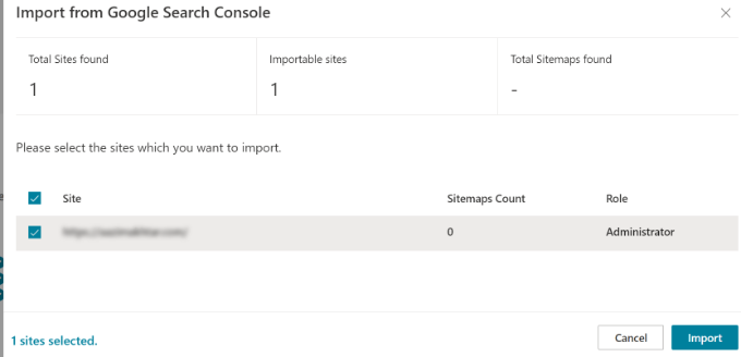 Select your site and import it