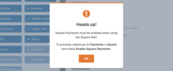 Notification to Enable Square Payments