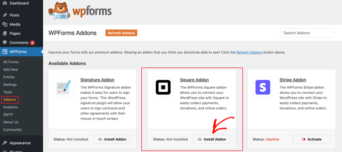Install the WPForms Square Addon