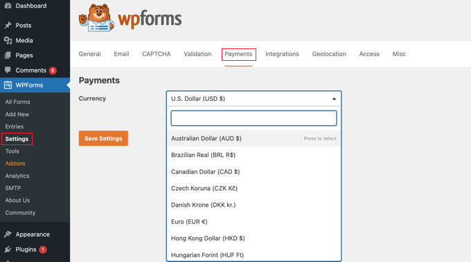 Set Your Currency in WPForms Payments Settings