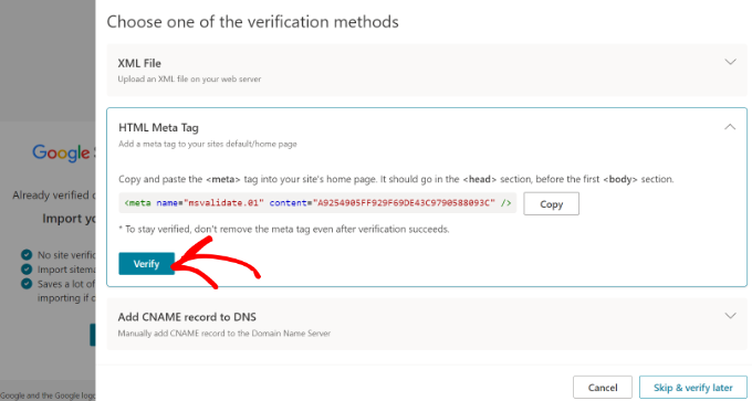 Verify your site after entering meta tag