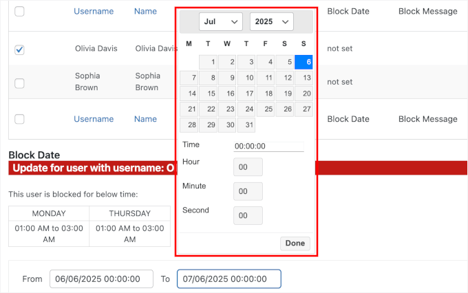 Setting the block dates for a user Setting the block dates for a user