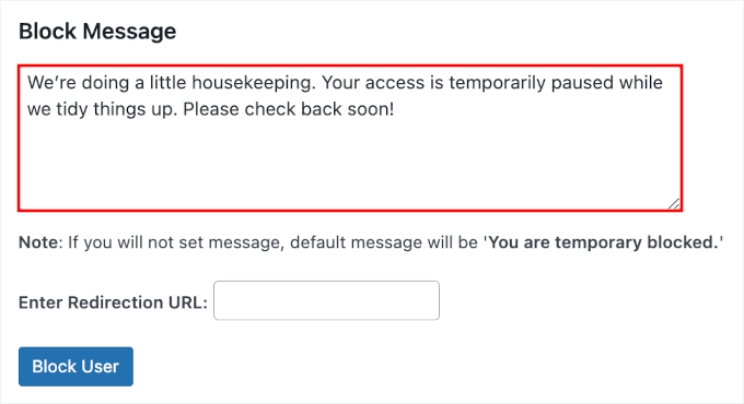 Adding the block message in User Blocker Adding the block message in User Blocker