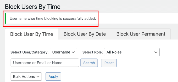 Success message in User Blocker Success message in User Blocker