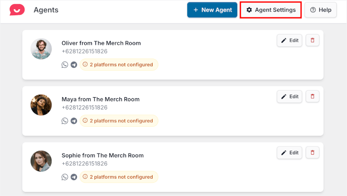 The Agent Settings button The Agent Settings button