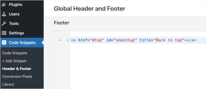 Ajout du HTML de retour en haut dans WPCode