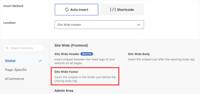 Choisir le pied de page de tout le site dans WPCode