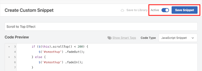 Enregistrement du fragment de code JavaScript