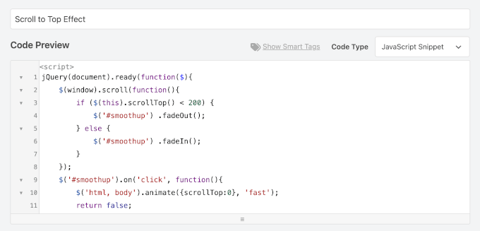 Ajout de jQuery de défilement fluide vers le haut dans WPCode