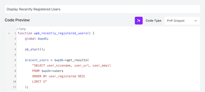 Lägga till anpassad kodsnutt för att visa nyligen registrerade användare