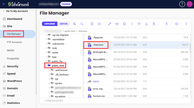 SiteGround File Manager in Site Tools