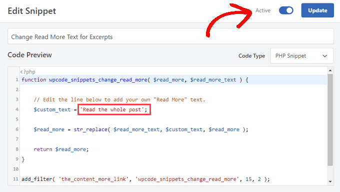 WPCode on the edit snippet page to change the read more text for an excerpt