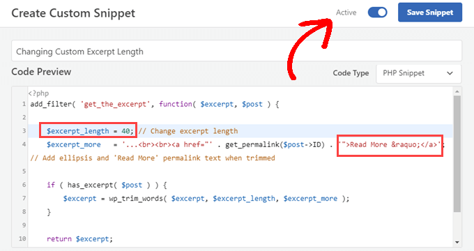 WPCode edit custom excerpt length and activate it