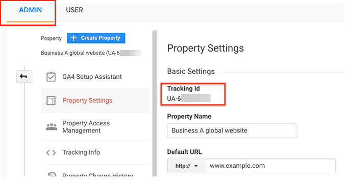 Google Analytics tracking ID in GA dashboard