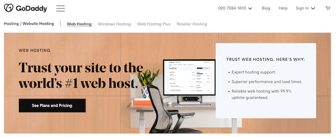 The GoDaddy web hosting website