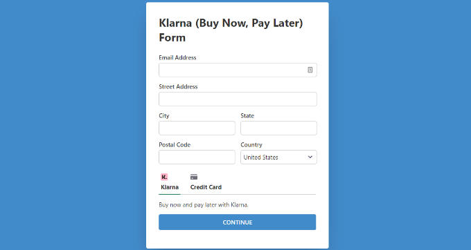 Klarna payment form dedicated page preview