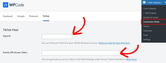 Paste the TikTok Pixel ID and Events API Access Token in WPCode