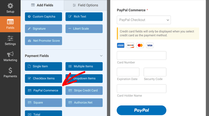 فیلد PayPal Commerce را اضافه کنید