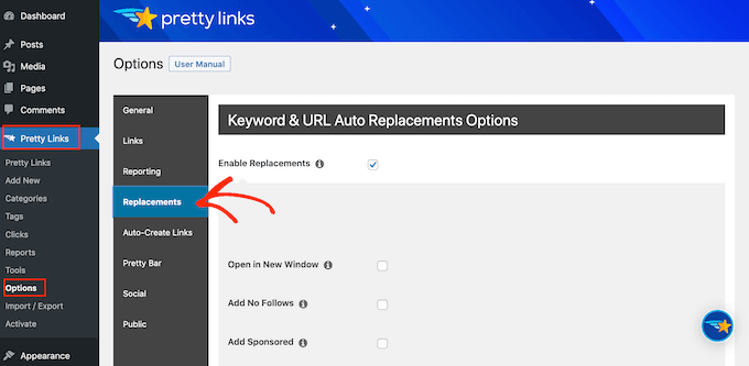 Pretty Links' auto-linking and replacement settings