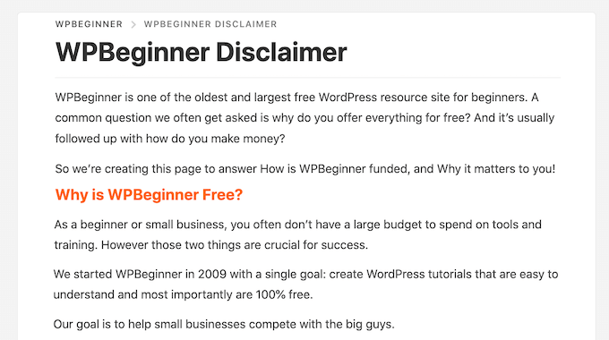 The WPBeginner affiliate disclaimer page