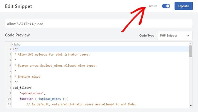 Activate the snippet and click update in WPCode