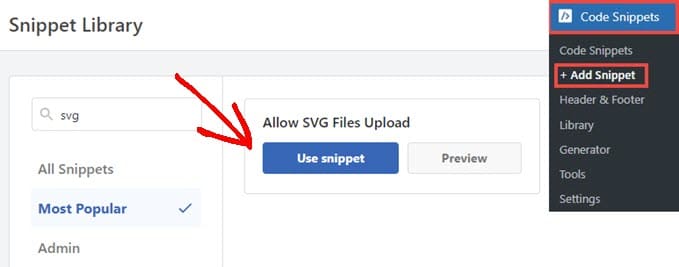 The snippet to allow SVG upload from WPCode's library
