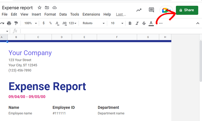 Click on the Share button in Google Sheets