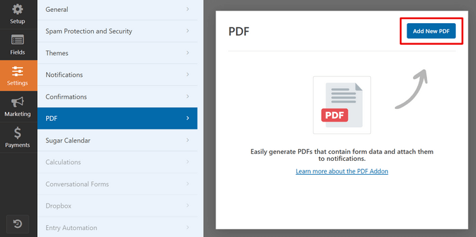 Add a new PDF in WPForms