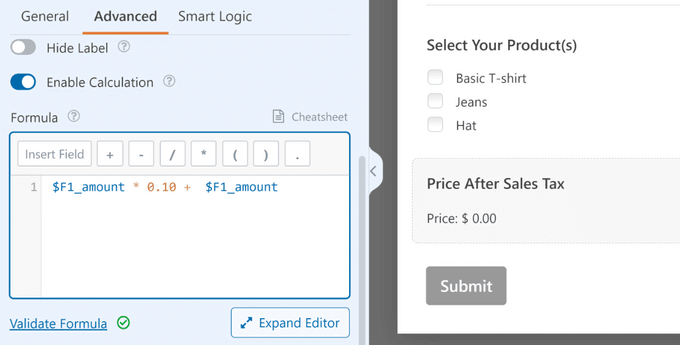 Creating custom calculation formulas with WPForms