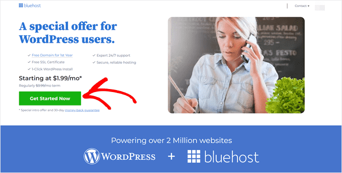 Clicking the Get Started Now button in the Bluehost page