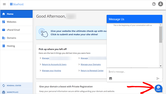 Clicking the Bluehost live chat support button in the dashboard