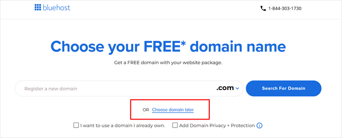 Klicken Sie auf die Schaltfläche „Domäne später auswählen“ bei der Einrichtung von Bluehost