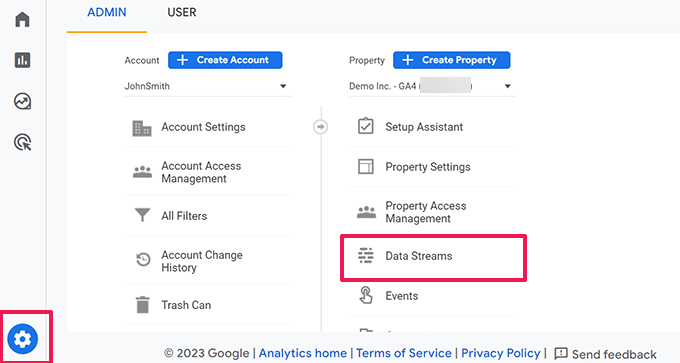 Google Analytics admin screen