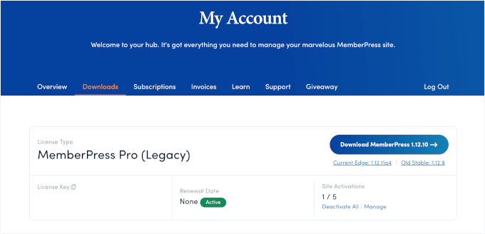 MemberPress' My Account dashboard