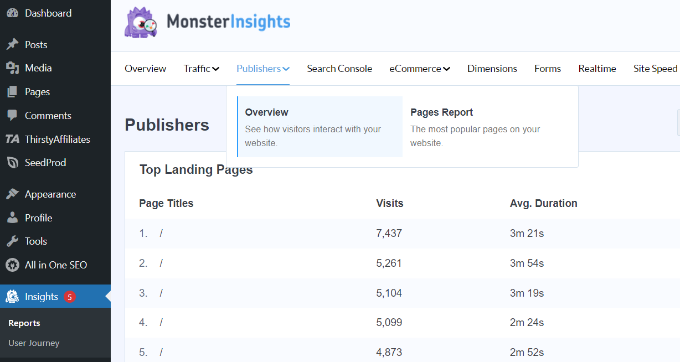 Publisher overview report in MonsterInsights